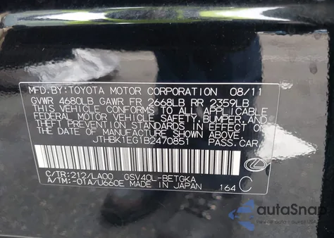 2011 Lexus Es 350 from USA, damaged, VIN JTHBK1EG1B2470851